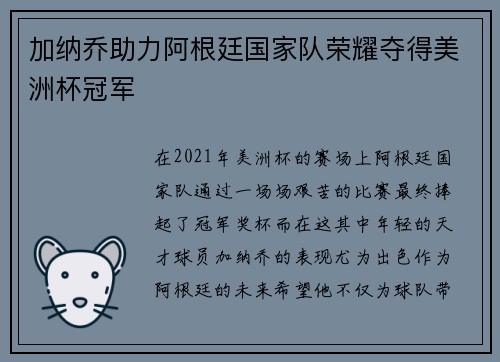 加纳乔助力阿根廷国家队荣耀夺得美洲杯冠军