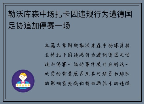 勒沃库森中场扎卡因违规行为遭德国足协追加停赛一场