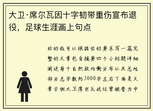 大卫·席尔瓦因十字韧带重伤宣布退役，足球生涯画上句点